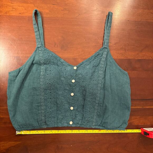 American Eagle Boho Teal Embroidered Button-Front Crop Top Size L - Picture 3 of 6